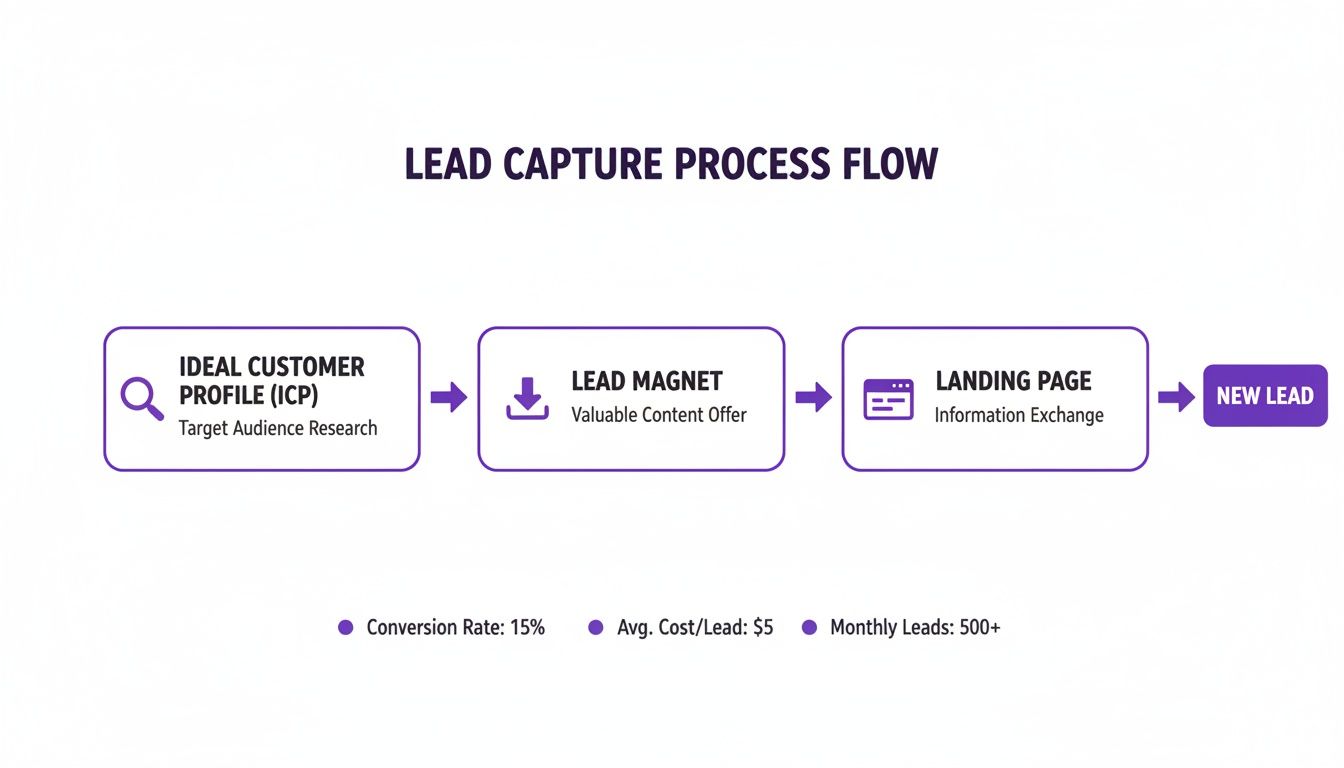 A diagram illustrating the lead capture process flow, showing steps from ideal customer profile to new lead, with key metrics.
