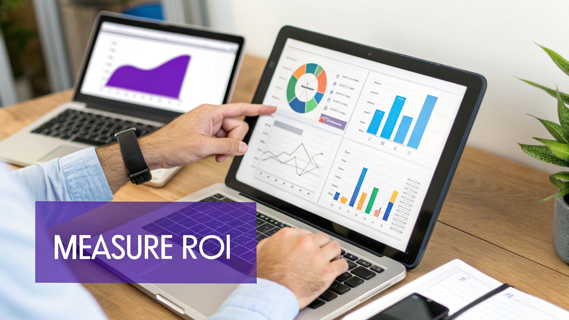 Person analyzing business data and ROI metrics on a laptop displaying various charts and graphs.
