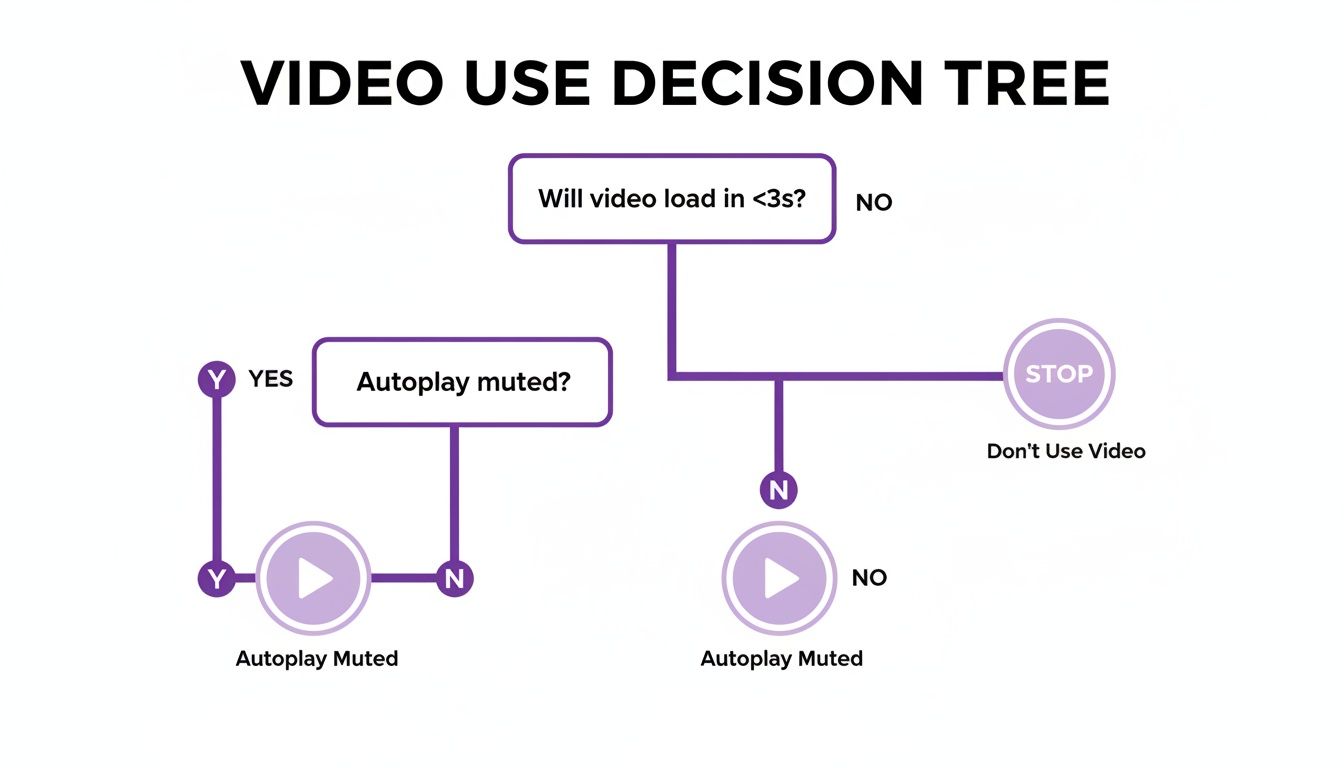 Decision tree for video use: if video loads in under 3s and is autoplay muted, use it.