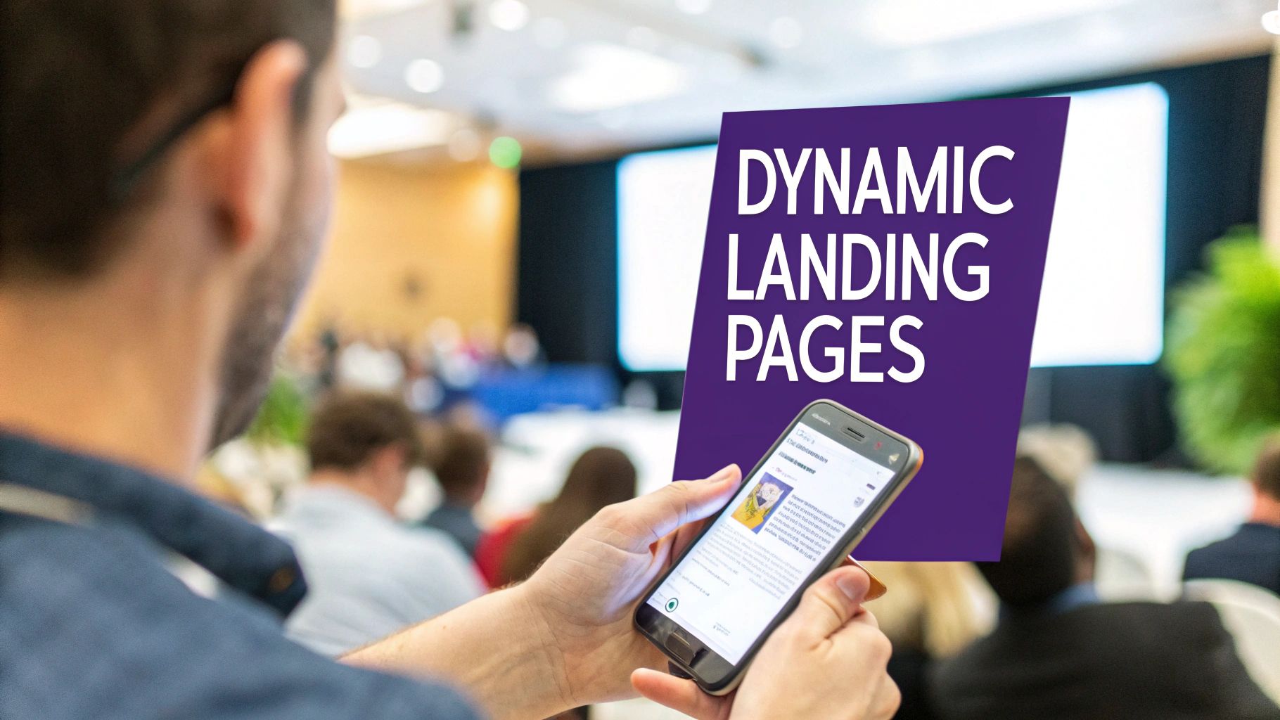 Person holding a smartphone at a conference, with a 'DYNAMIC LANDING PAGES' text overlay.