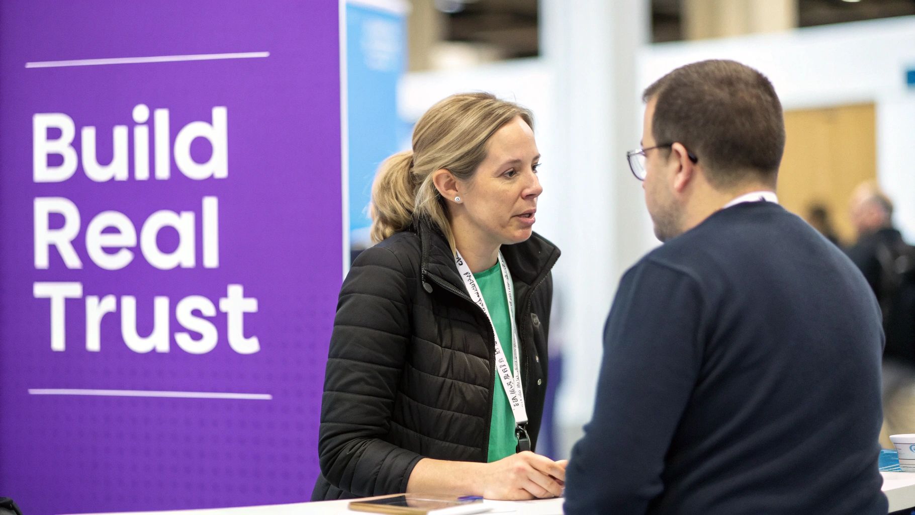 Business professionals networking and having conversation at lead generation trade show event