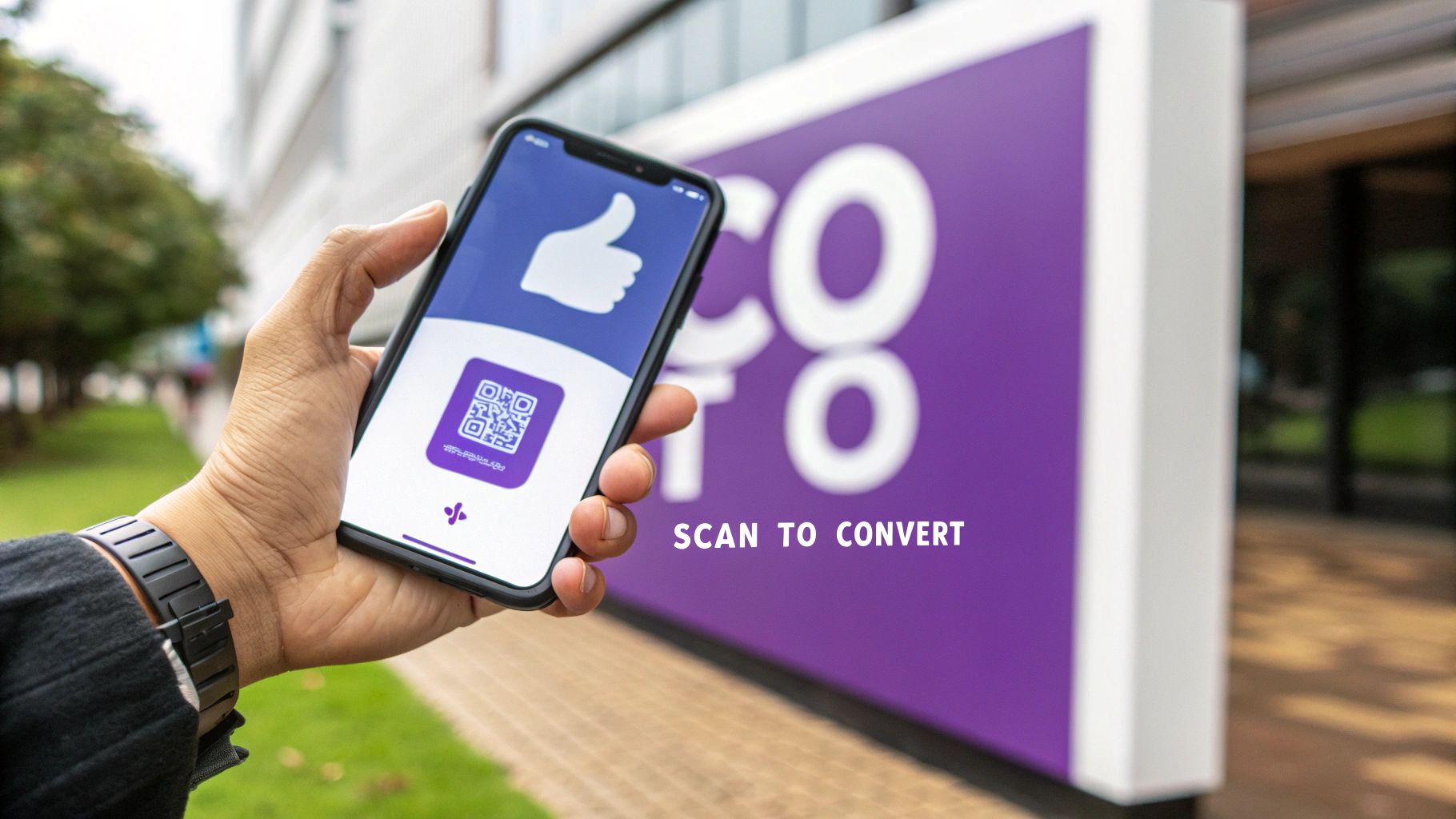 A hand holds a smartphone displaying a QR code and a thumbs-up icon, with a purple sign saying "SCAN TO CONVERT" in the background.
