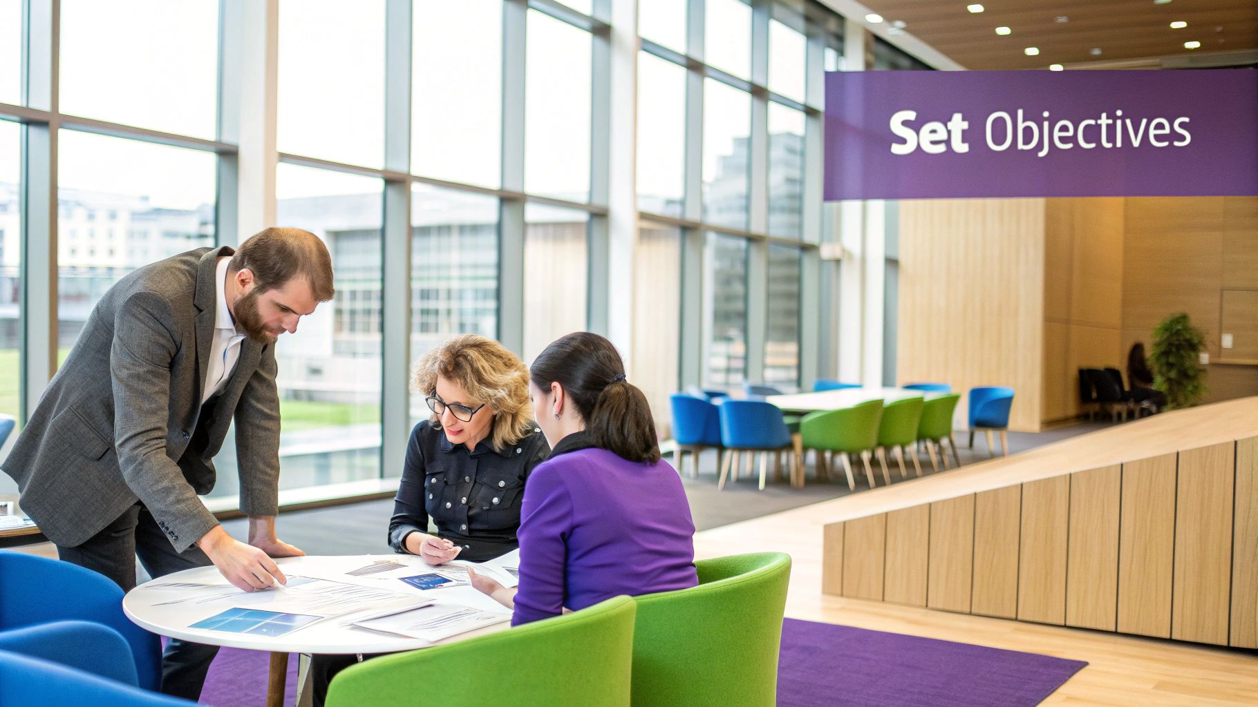 A team of professionals collaborating around a table, planning for a trade show.