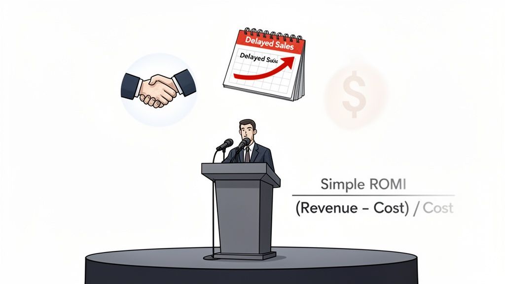 Illustration showing a speaker explaining the Simple ROMI formula with handshake, calendar, and money icons.