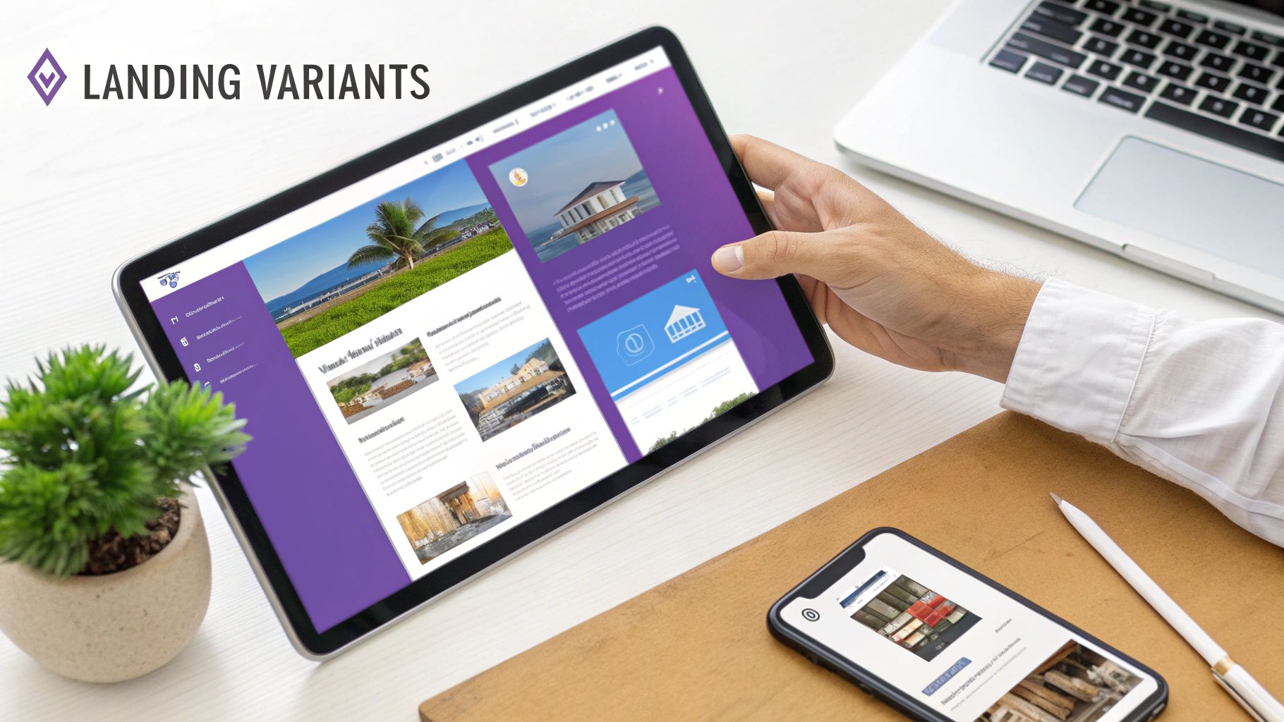 Hand holding a tablet showing various landing page designs, with a laptop and smartphone nearby.