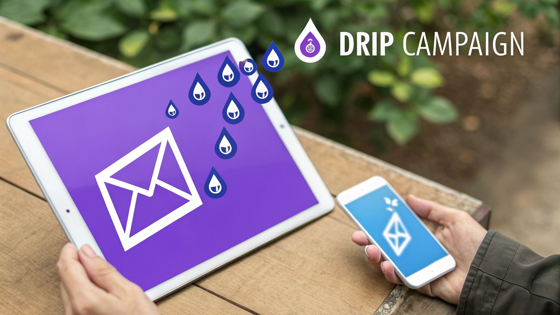 A visual representation of a drip campaign workflow, showing a sequence of emails being sent to a user over time based on specific triggers and conditions.