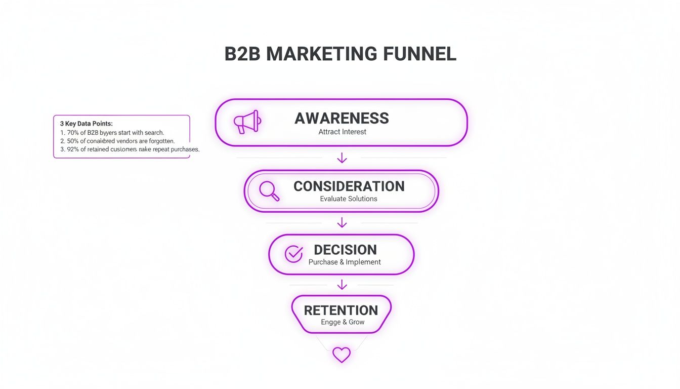 A B2B marketing funnel infographic showing four stages: awareness, consideration, decision, and retention.