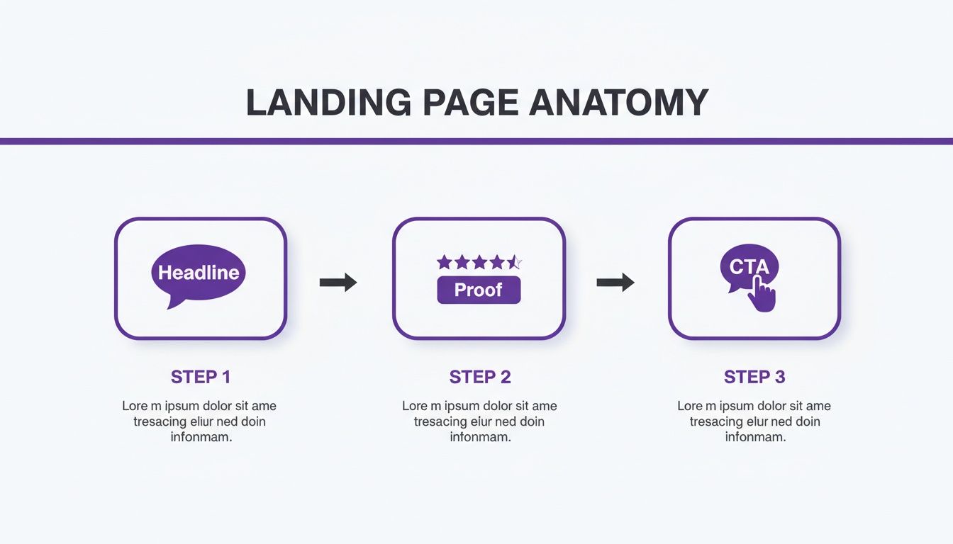 A diagram illustrating the anatomy of a landing page with headline, social proof, and call to action steps.