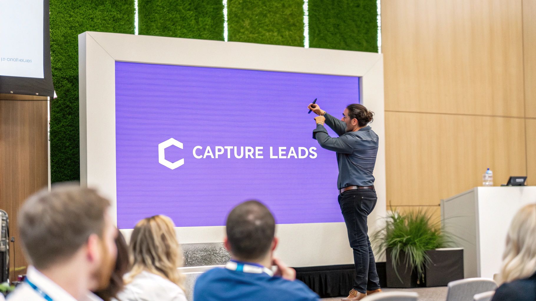 A person pointing to a presentation slide with charts and a QR code, showing how to design presentations for lead capture.