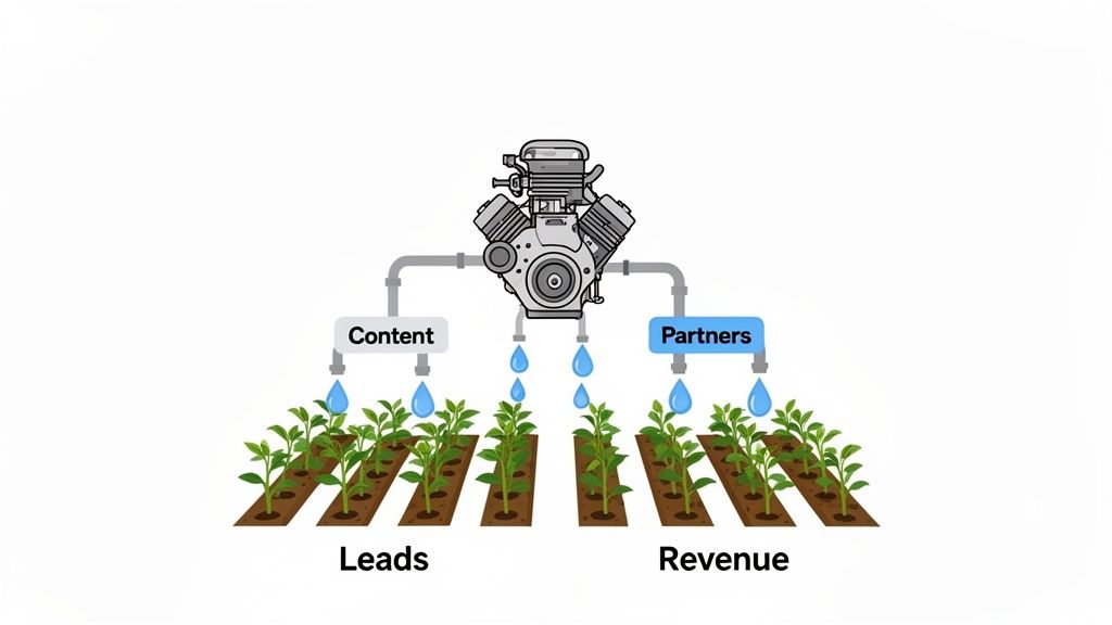Illustration of an engine funneling content and partners to cultivate business leads and revenue streams.