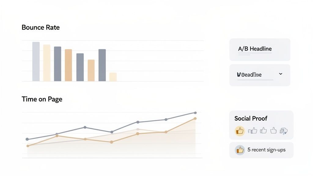Website analytics dashboard showing bounce rate, time on page graphs, A/B headline tests, and social proof elements.