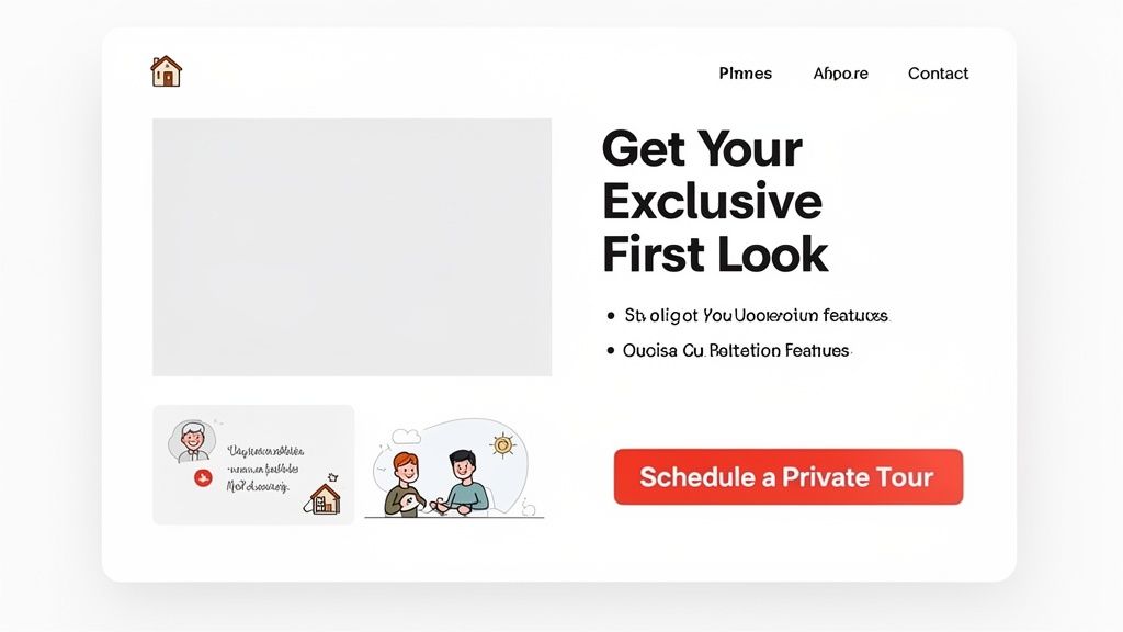 A real estate landing page with a house icon, call to action 'Get Your Exclusive First Look', and a 'Schedule a Private Tour' button.