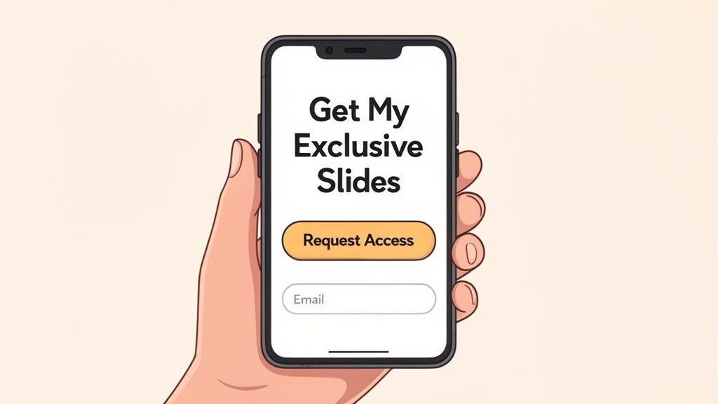 Illustration of a hand holding a phone, screen showing 'Get My Exclusive Slides' and 'Request Access' button.