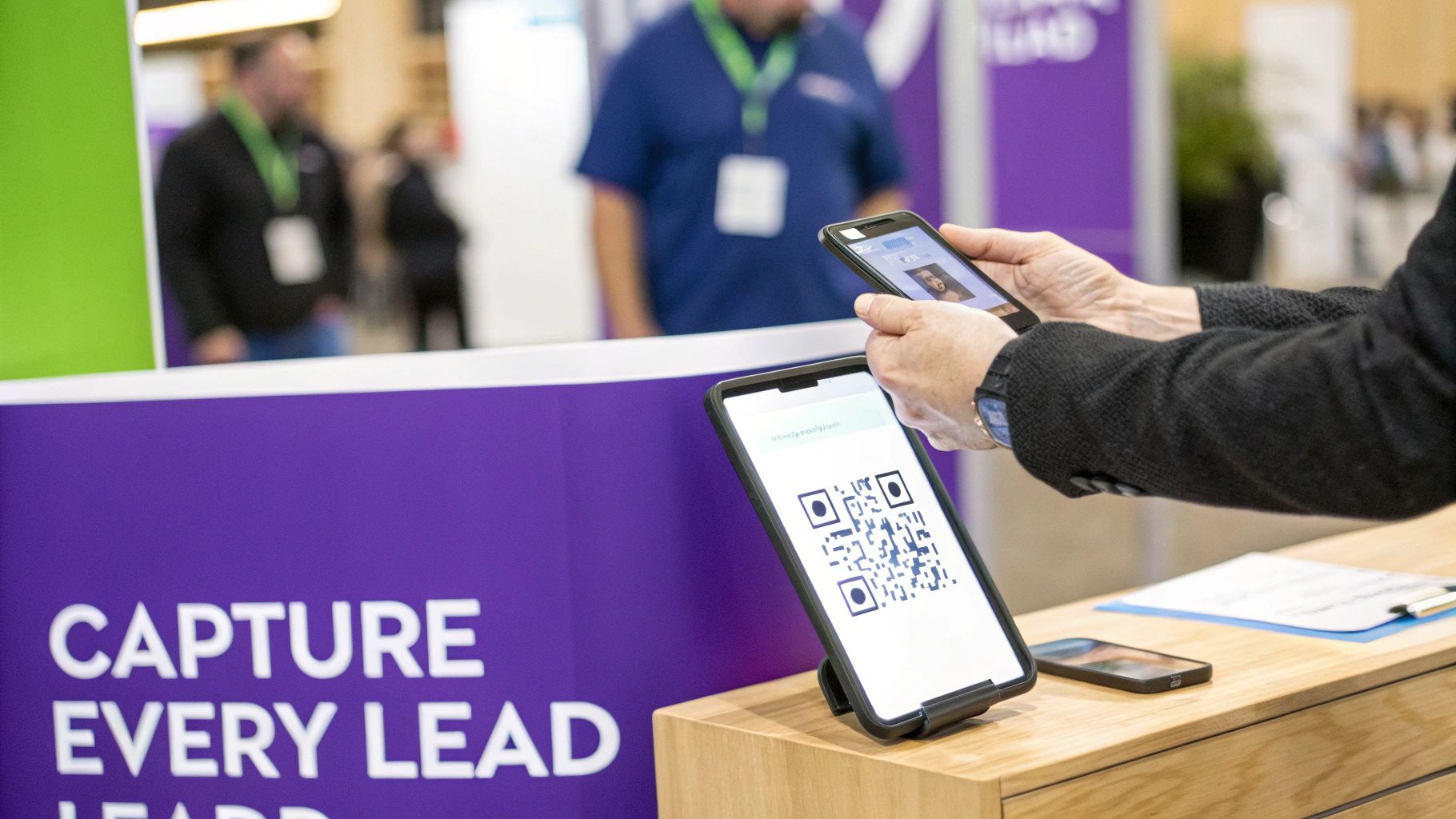Hands scanning a QR code on a tablet at a lead generation event with a "CAPTURE EVERY LEAD" banner.