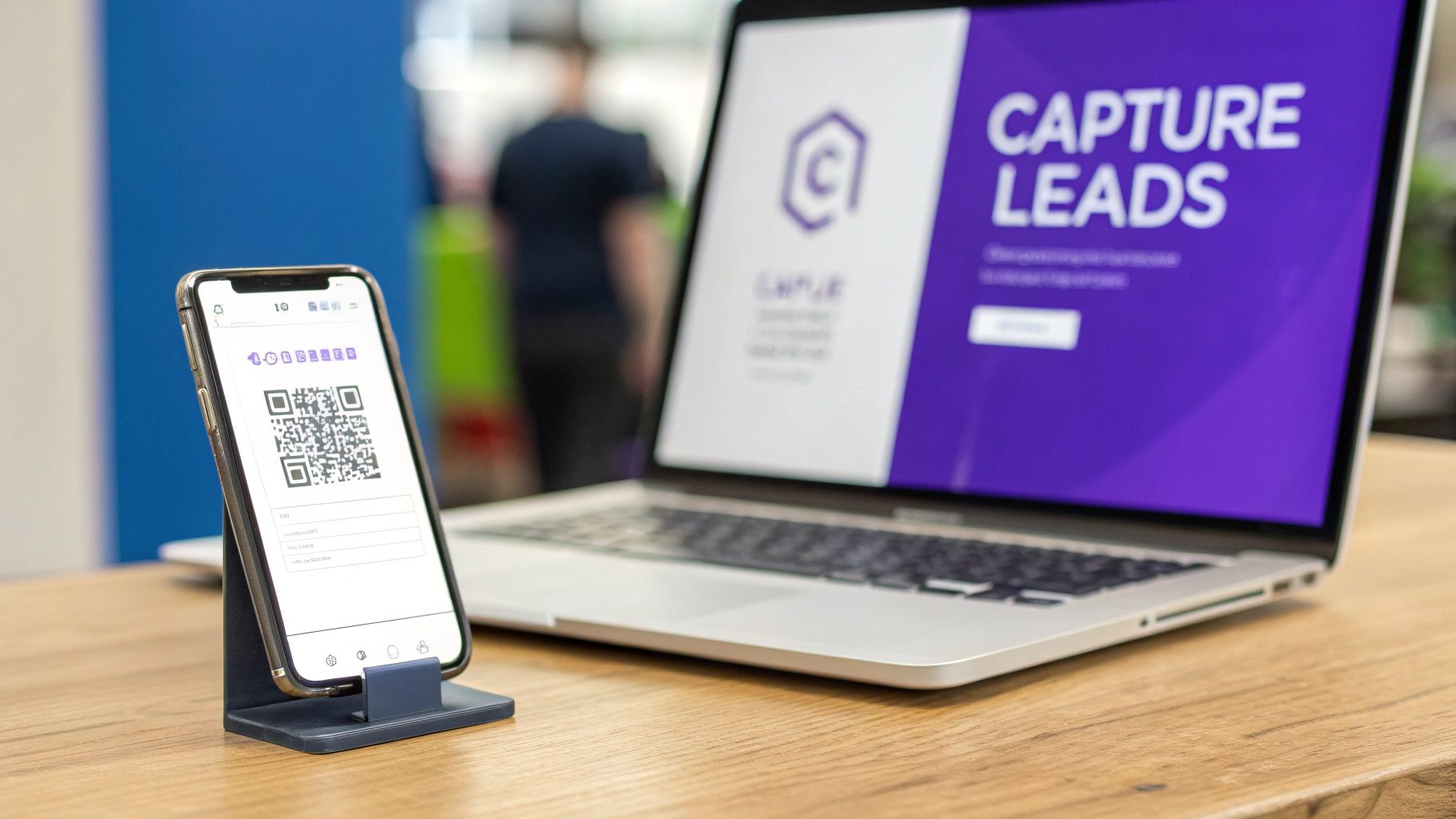 A smartphone displays a QR code for lead generation, next to a laptop showing 'CAPTURE LEADS' on its screen.