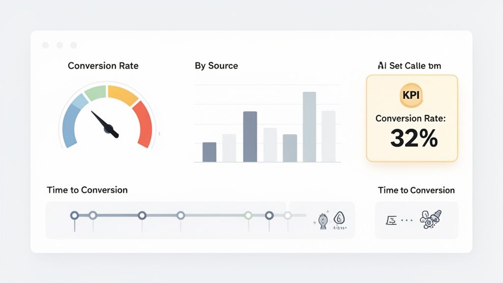 A dashboard visualizes sales lead conversion metrics including rate, source, and time to conversion.