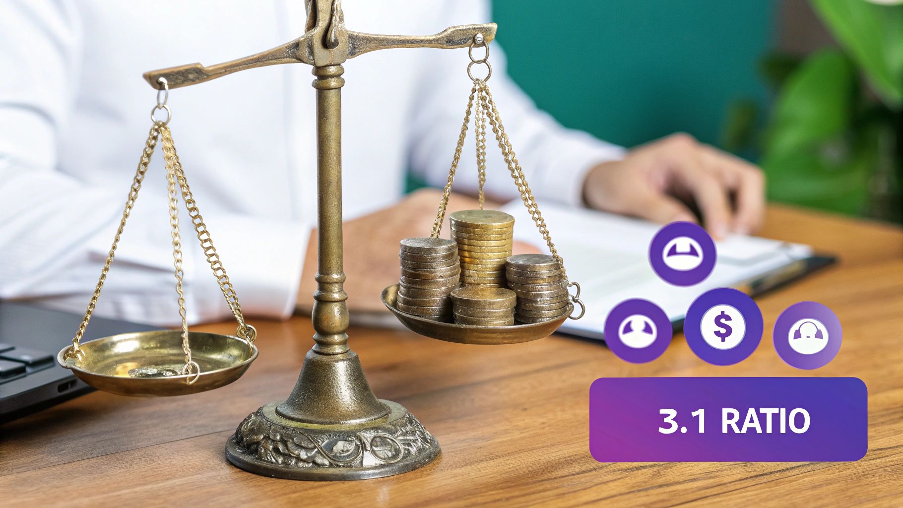 A balanced scale showing LTV on one side and CAC on the other