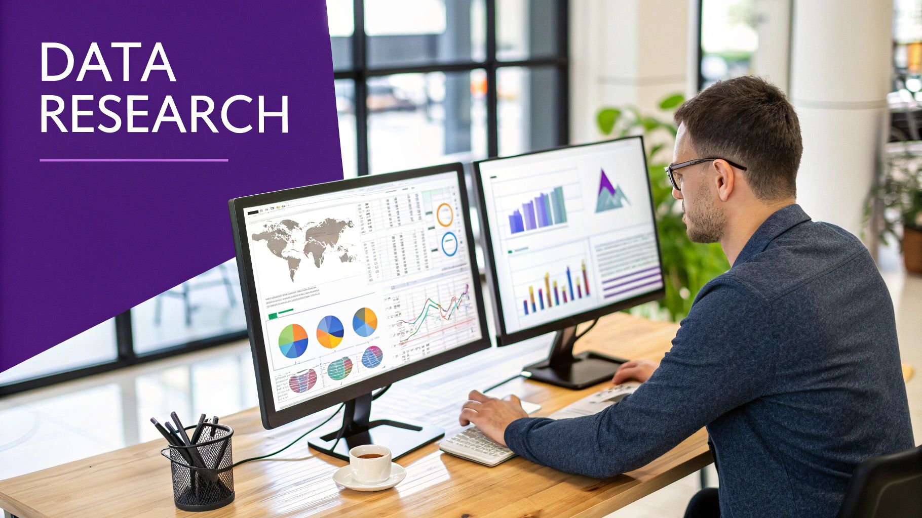 A team collaborating around a desk with laptops and charts, symbolizing data and research.