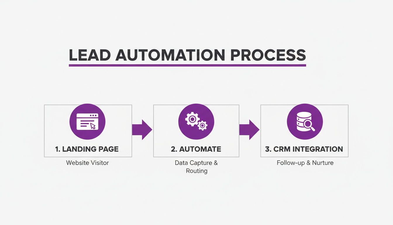 A diagram illustrating a three-step lead automation process: landing page, automate, and CRM integration.