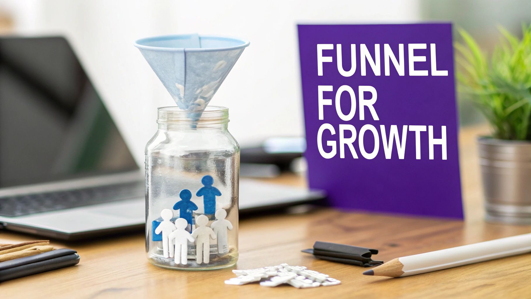 A light blue funnel pours paper figures into a glass jar, with a 'FUNNEL FOR GROWTH' sign on a desk.