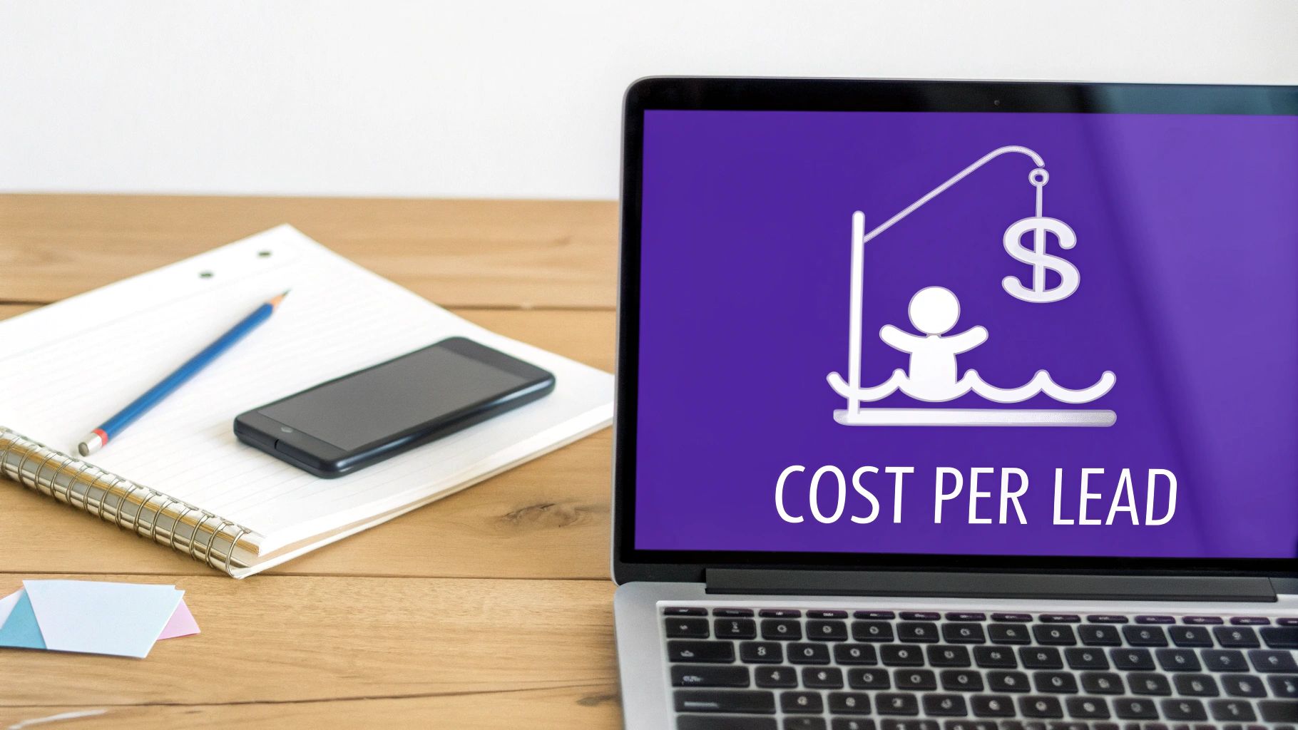 Laptop on a desk displays 'Cost Per Lead' with an icon showing a person caught by a dollar sign.