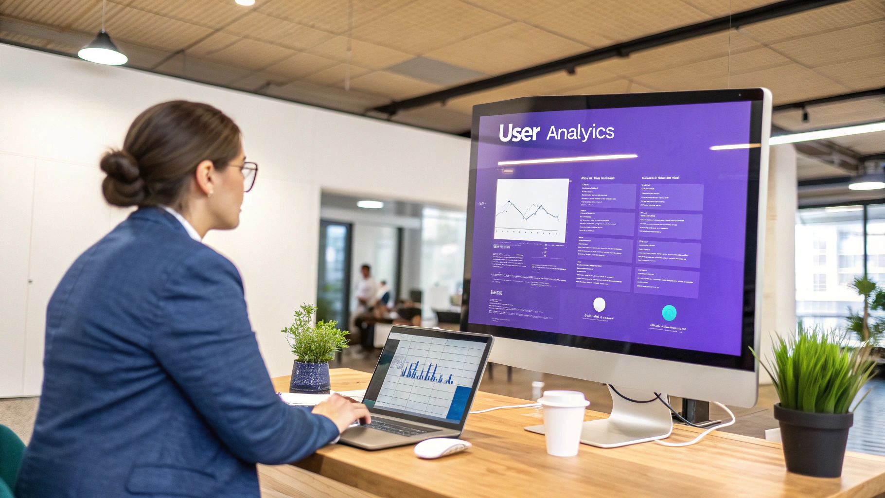 A person pointing at a laptop screen displaying web analytics data, emphasizing user experience design.