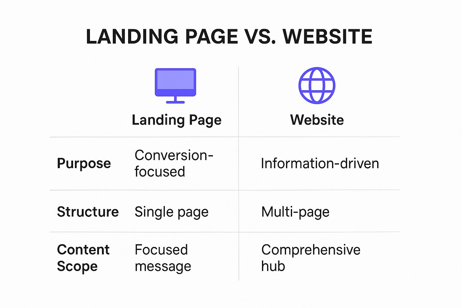 Infographic comparing a landing page's conversion-focused, single-page structure to a website's information-driven, multi-page structure.