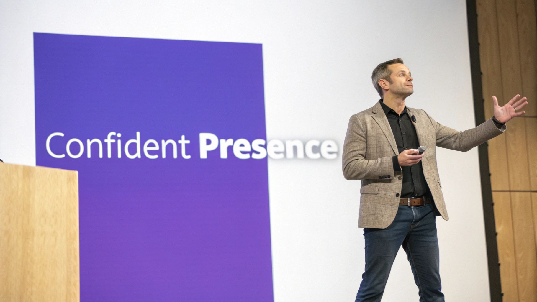 A man in a blazer speaks confidently on stage with "Confident Presence" on a screen.