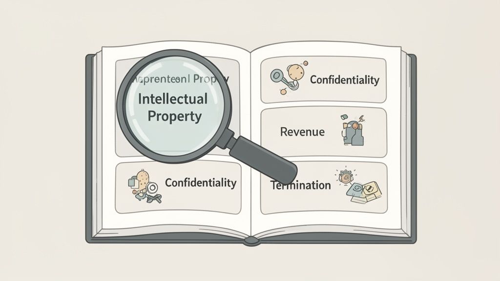 An open book with 'Intellectual Property' highlighted by a magnifying glass, showing related business concepts.