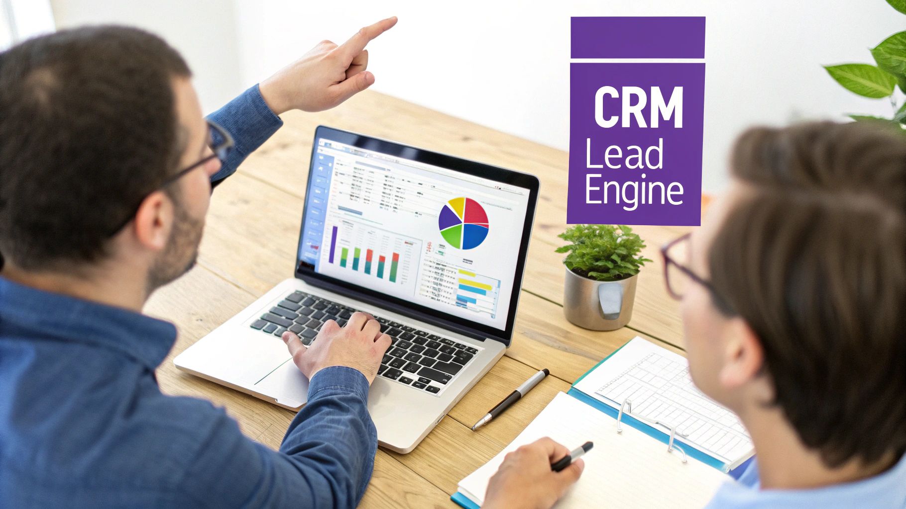 Two business professionals analyzing CRM lead data on a laptop screen with charts and graphs.
