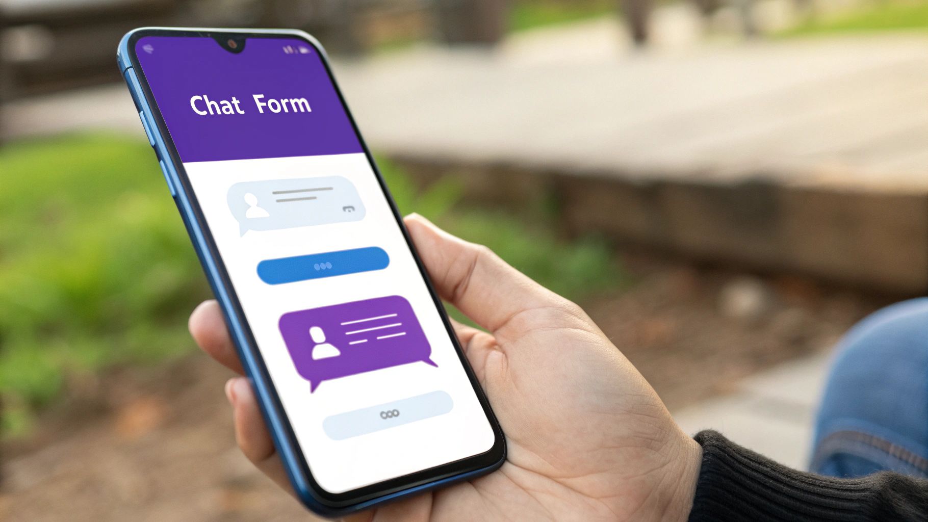 A conversational form interface on a mobile device, showing a welcome message and the first question in a chat-like bubble format.