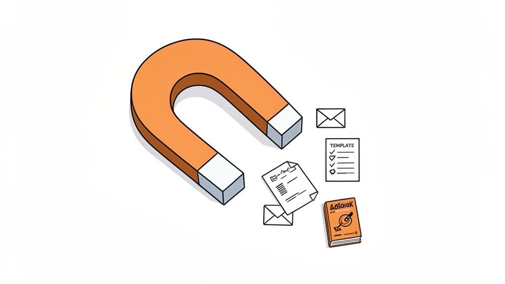 An orange horseshoe magnet attracting various marketing assets including templates, emails, and a book.