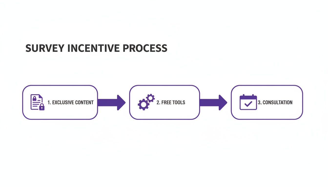 Flowchart illustrating a survey incentive process with three steps: exclusive content, free tools, and consultation.
