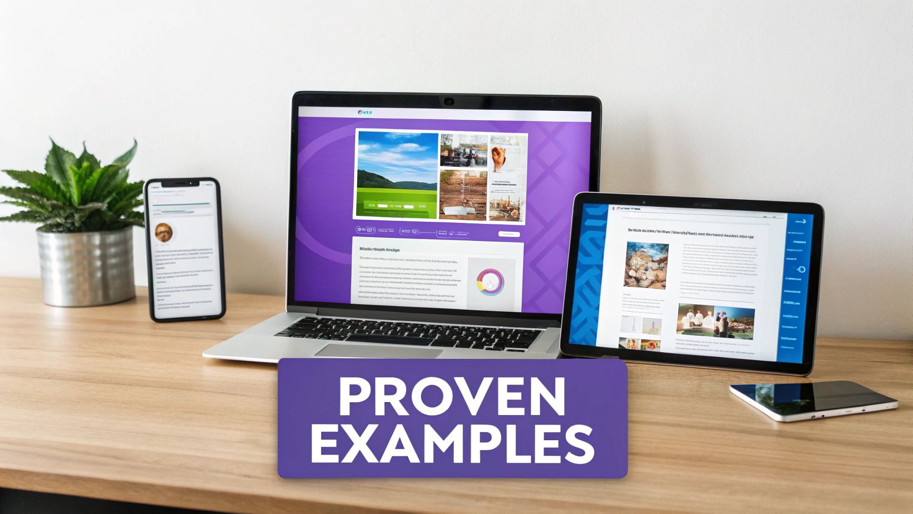 Multiple mobile phone screens displaying different landing page designs.