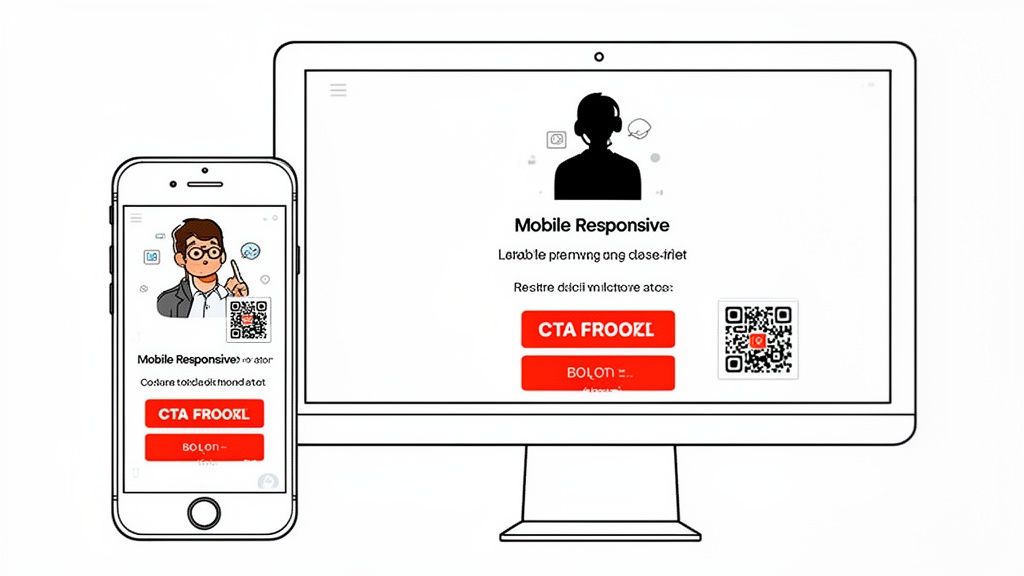 A mobile phone and desktop computer display a responsive website design with CTA buttons and QR codes.