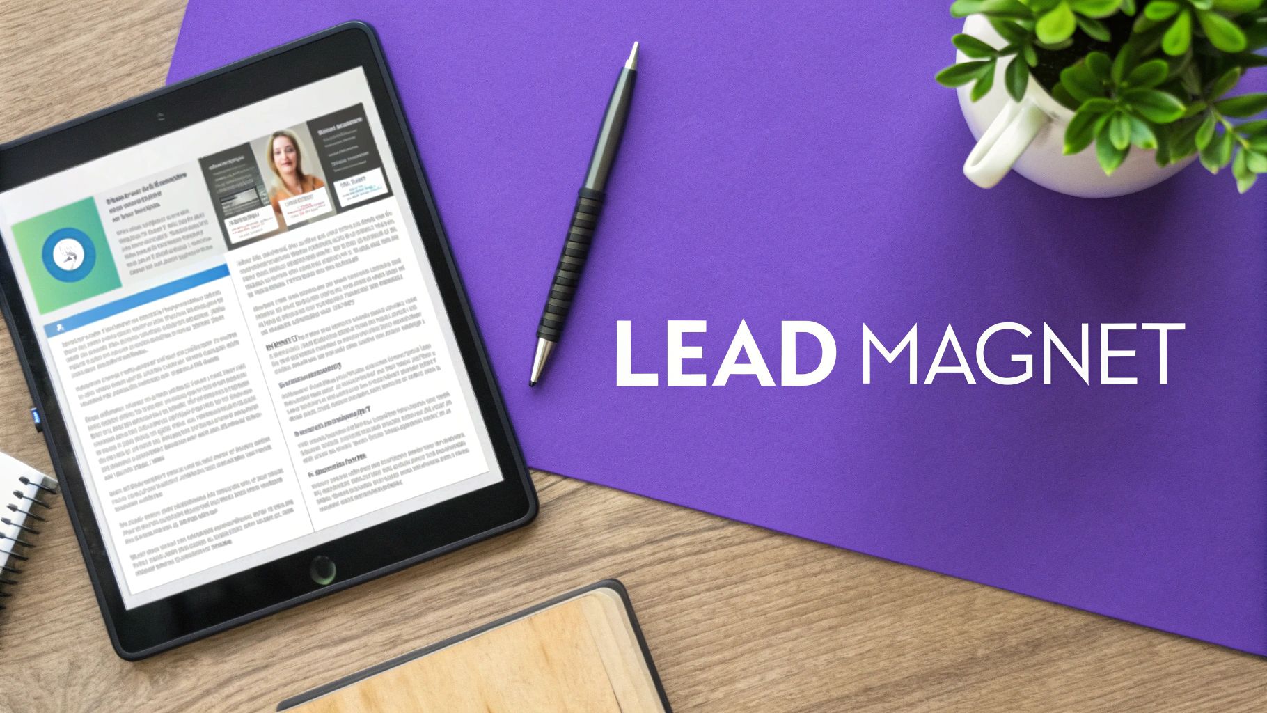 A flat lay shows a tablet displaying an article, a pen, and a plant, with 'LEAD MAGNET' text.