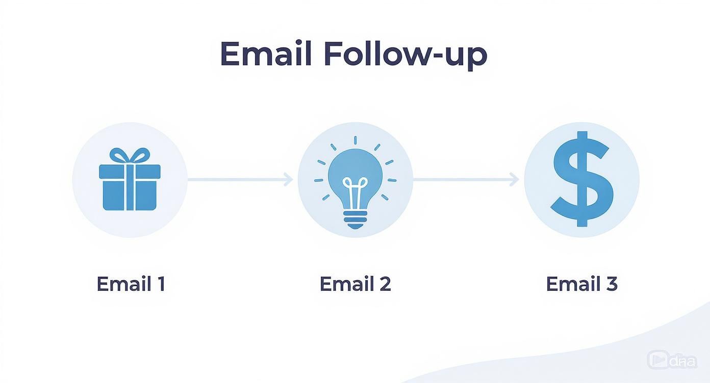 A diagram illustrates an email follow-up sequence: Email 1 (gift), Email 2 (lightbulb), and Email 3 (dollar sign).
