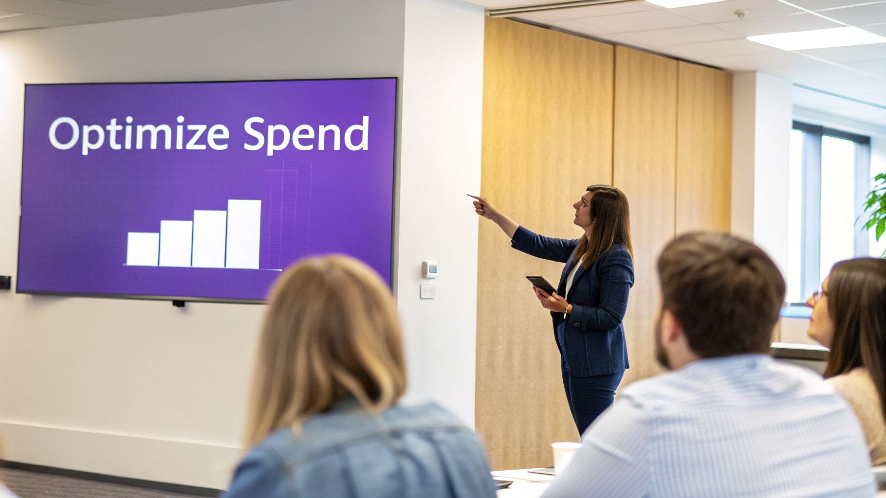 A person pointing at a tablet screen displaying colorful marketing performance charts and graphs.