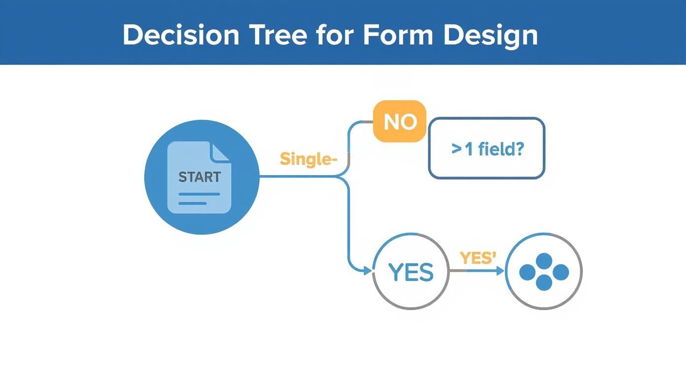 A decision tree infographic showing how to choose between a single-step and multi-step form based on the number of required fields.