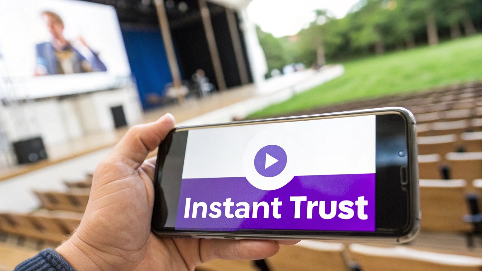 A hand holds a smartphone displaying an 'Instant Trust' video, with an outdoor amphitheater in the background.