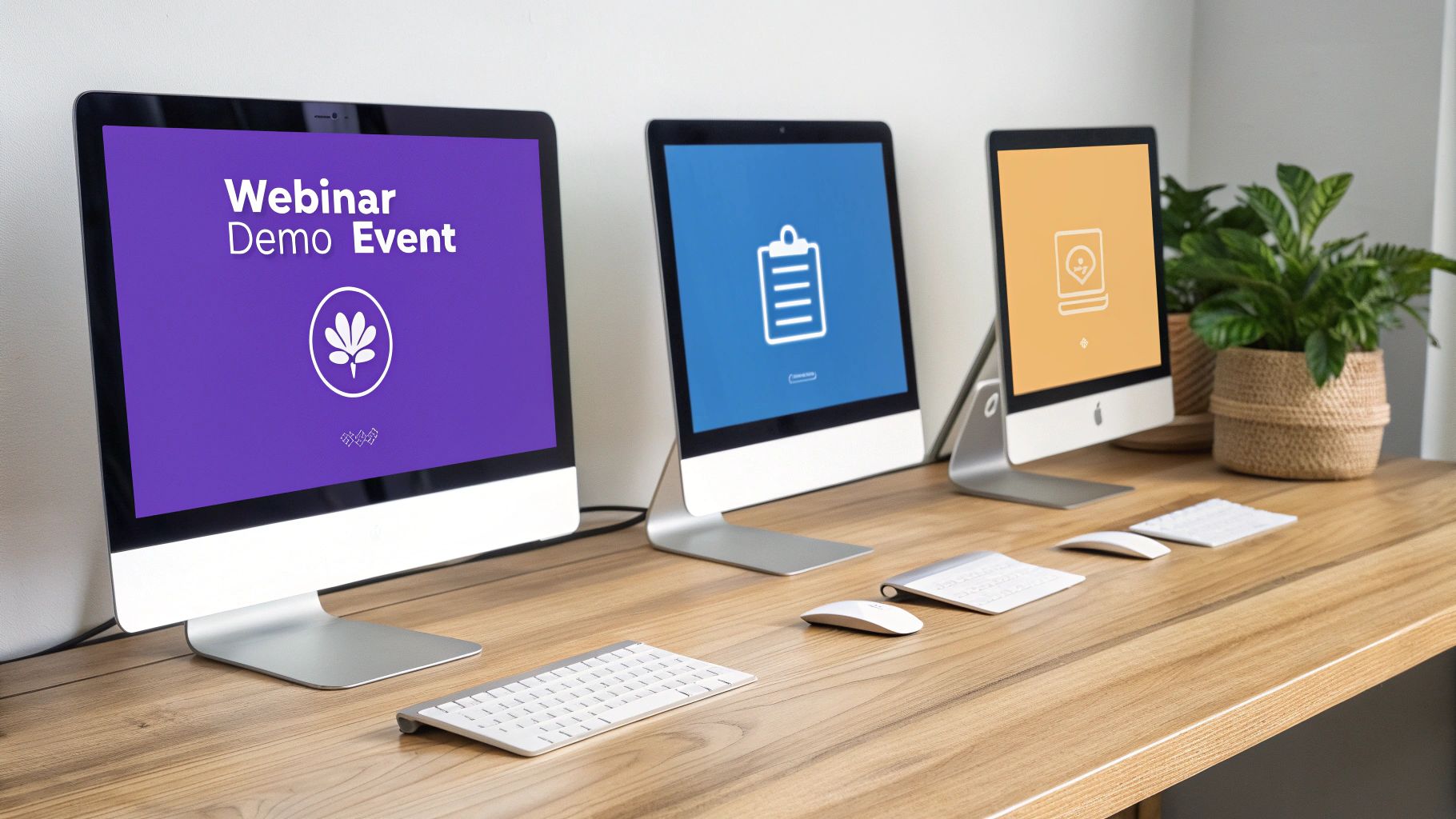 Three desktop computers on a wooden desk, displaying webinar, checklist, and book icons.