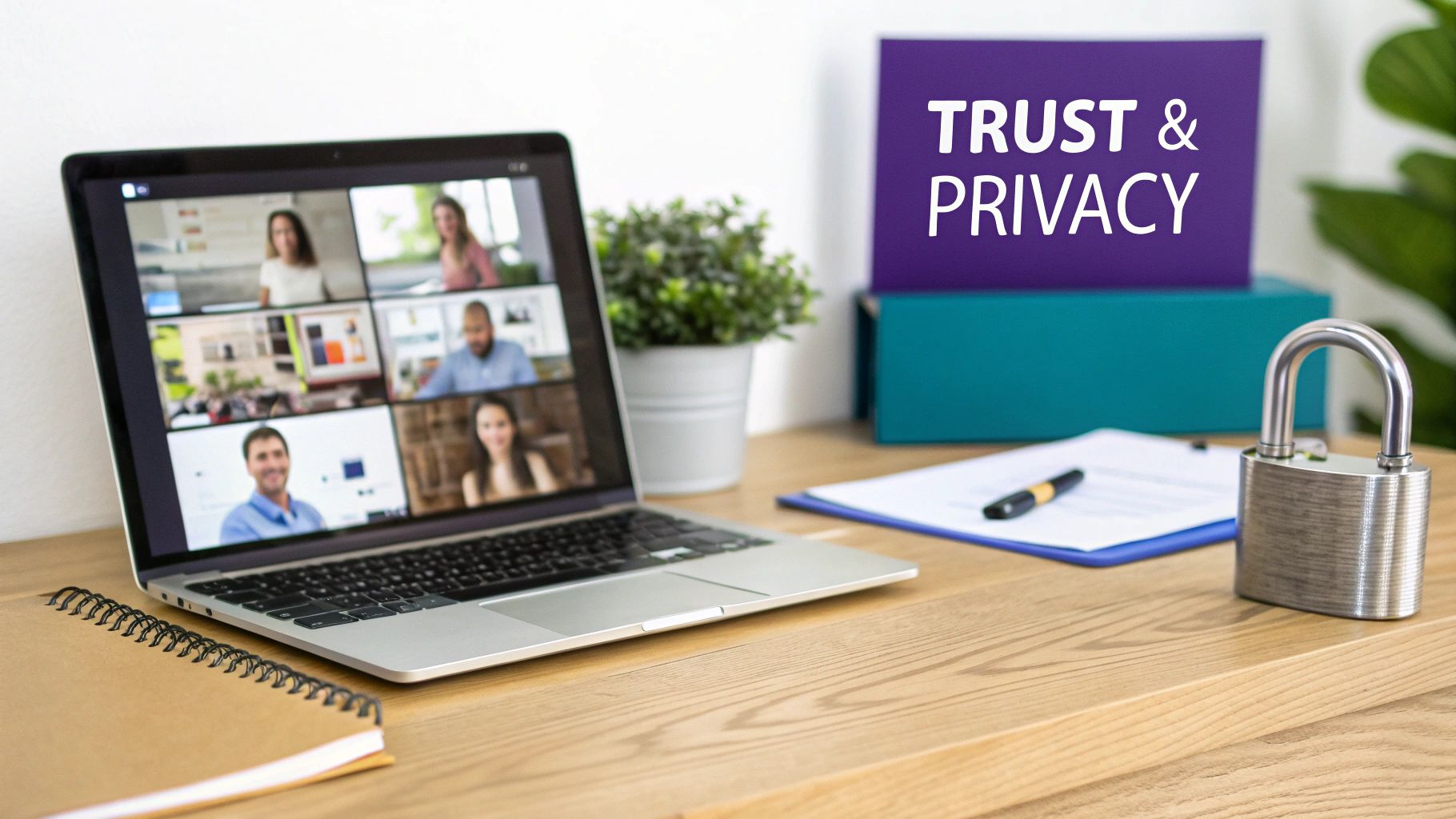 Work desk with laptop showing a video call, 'TRUST & PRIVACY' sign, padlock, and documents.