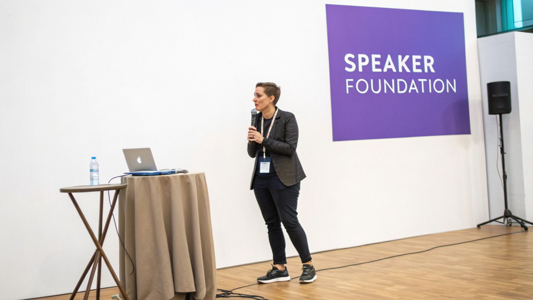 A woman gives a presentation at a conference, speaking into a microphone near a laptop and "SPEAKER FOUNDATION" banner.
