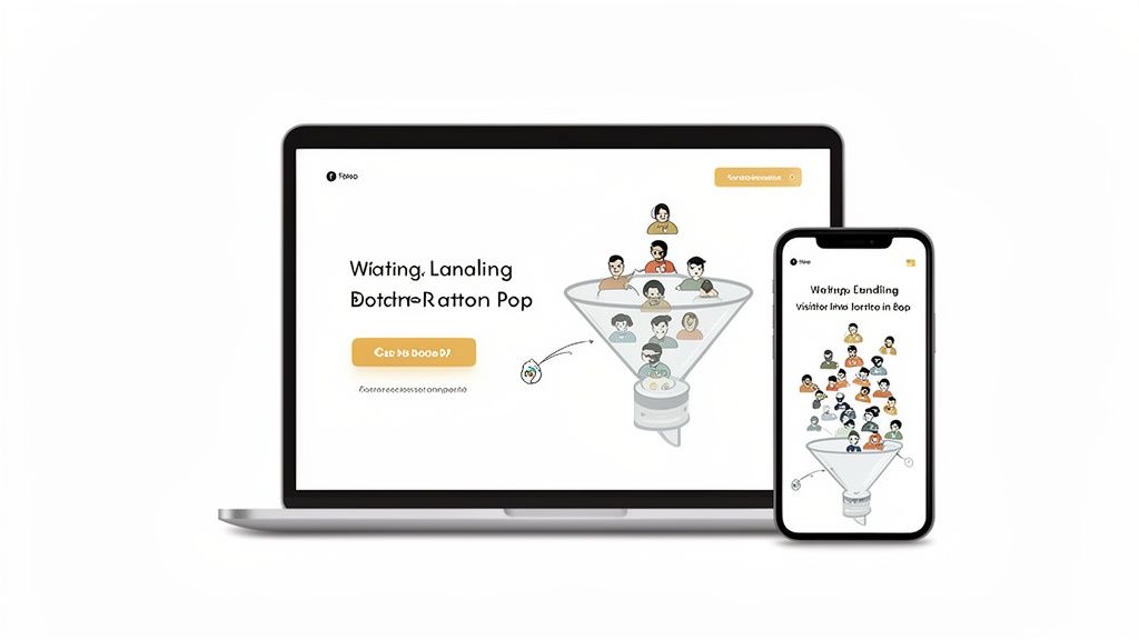 A laptop and smartphone display an app interface with a user funnel graphic, showing many cartoon people entering.