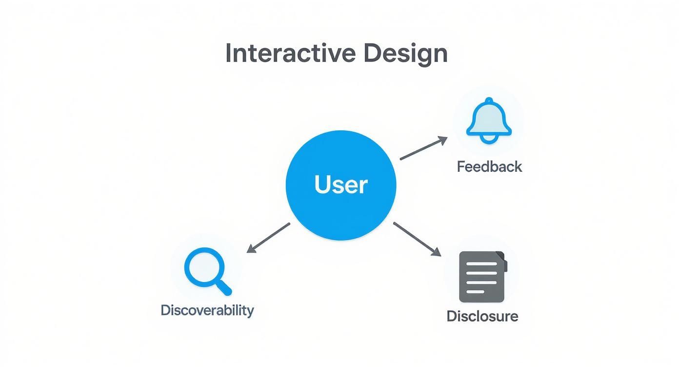A diagram illustrating Interactive Design, with a central User connected to Feedback, Discoverability, and Disclosure.