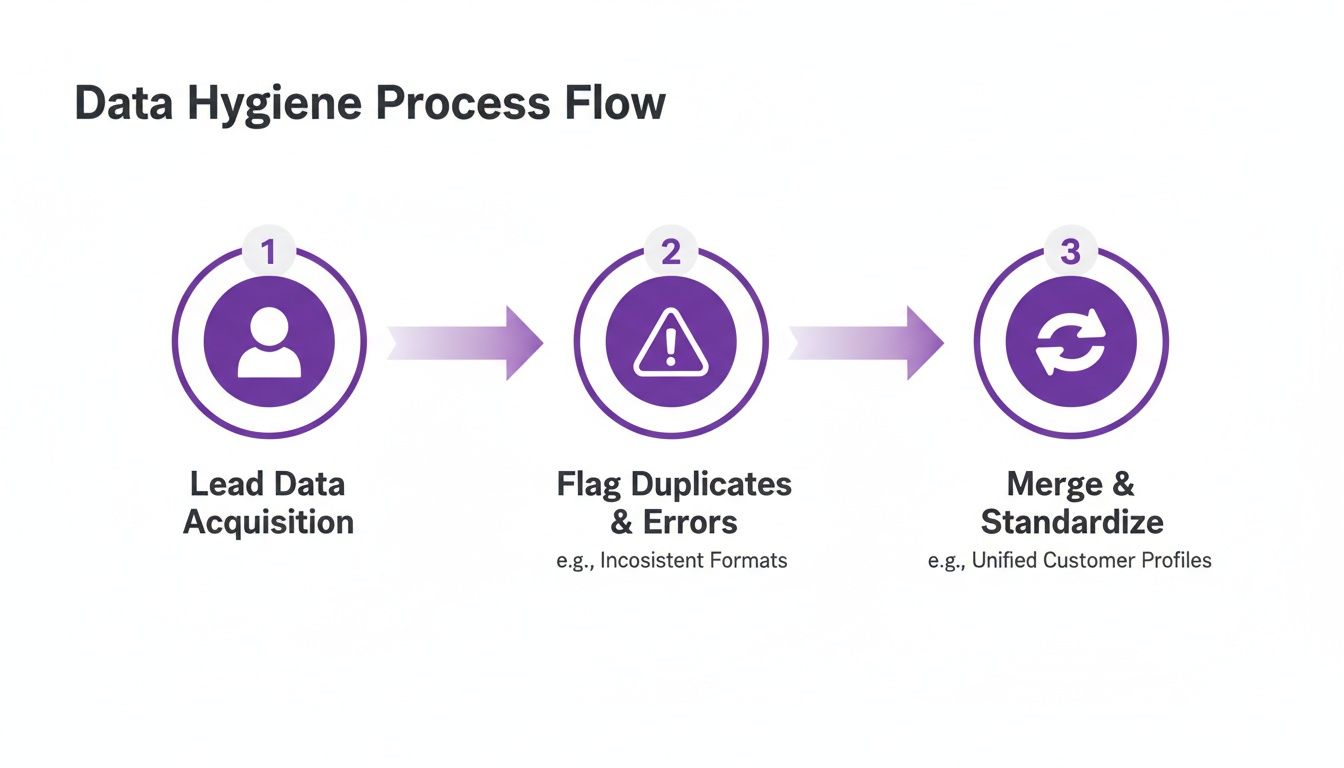 A three-step data hygiene process flow for lead management, including acquisition, error flagging, and merging.