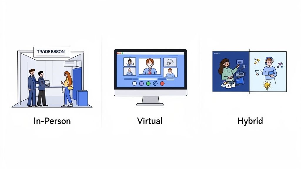 Illustration showing three types of events: in-person, virtual, and hybrid event formats.