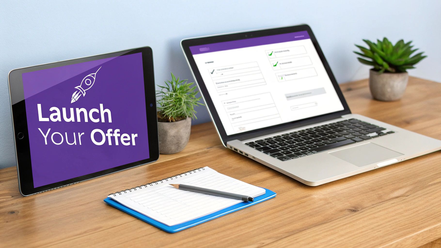 An illustrated hand holding a phone, pointing towards a laptop screen showing a lead capture form, with marketing icons floating around.