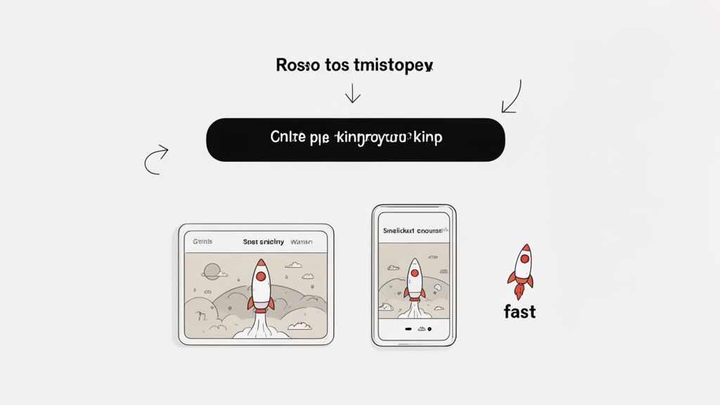 A diagram featuring launching rockets on digital screens, an arrow pointing to a black bar, and a rocket with the word 'fast'.