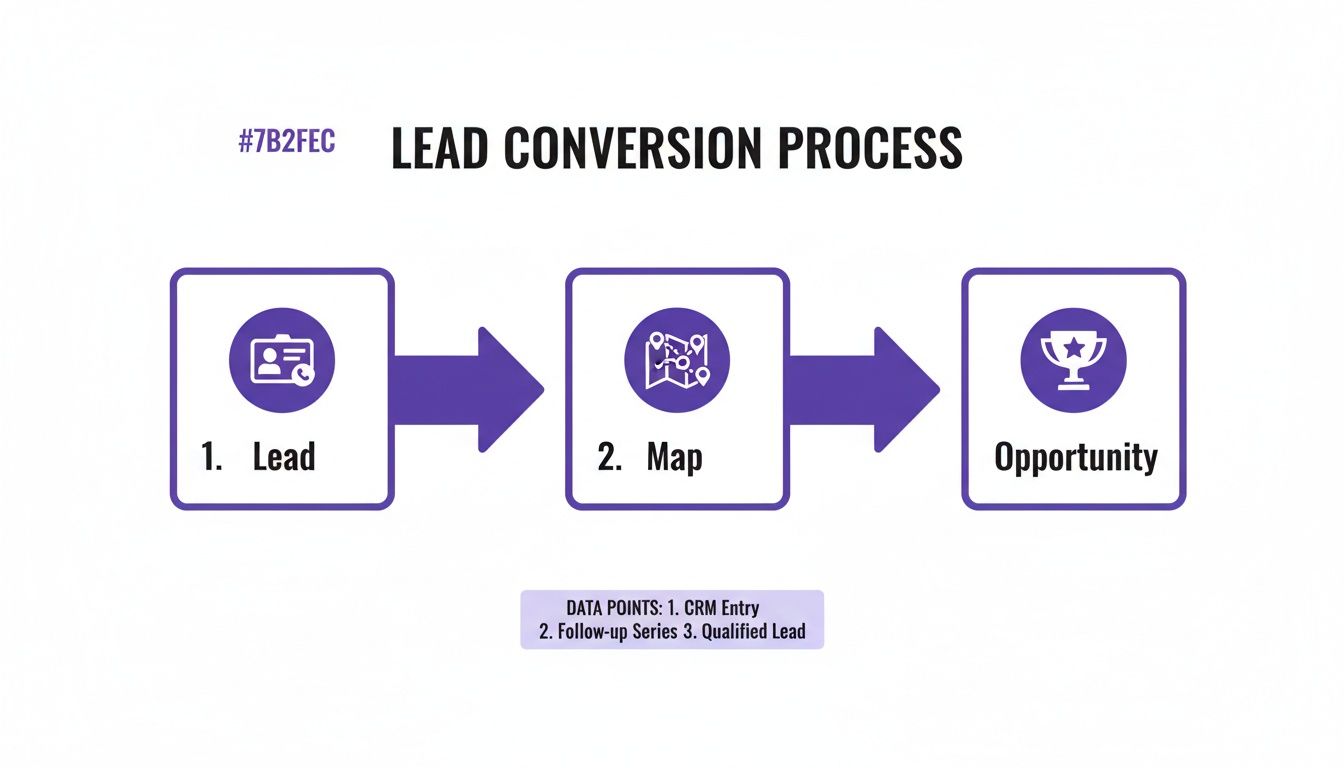 Diagram illustrating a three-step lead conversion process: Lead, Map, and Opportunity, with key data points.